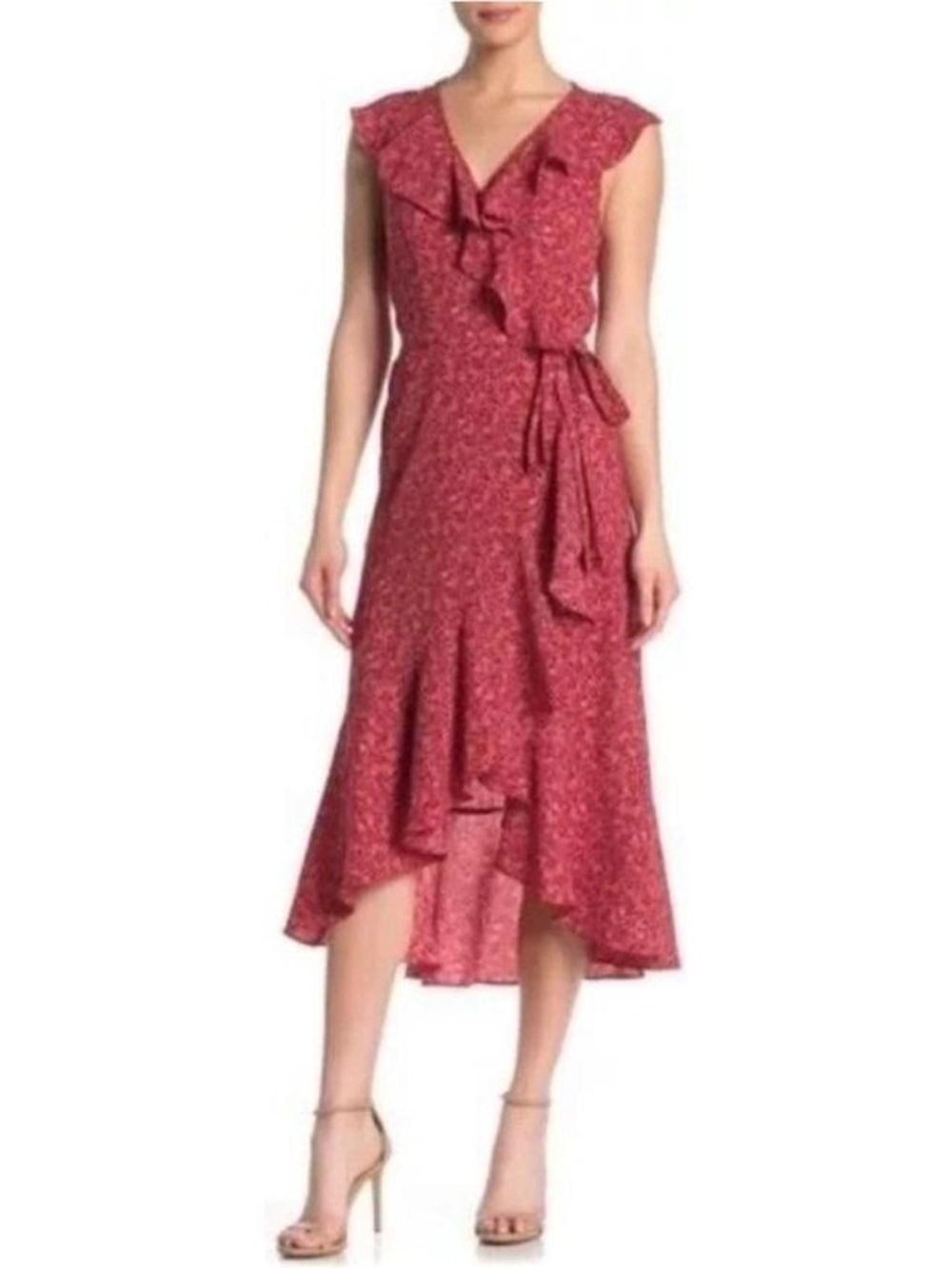 Max Studio Red Floral Ruffle High-Low Wrap Dress